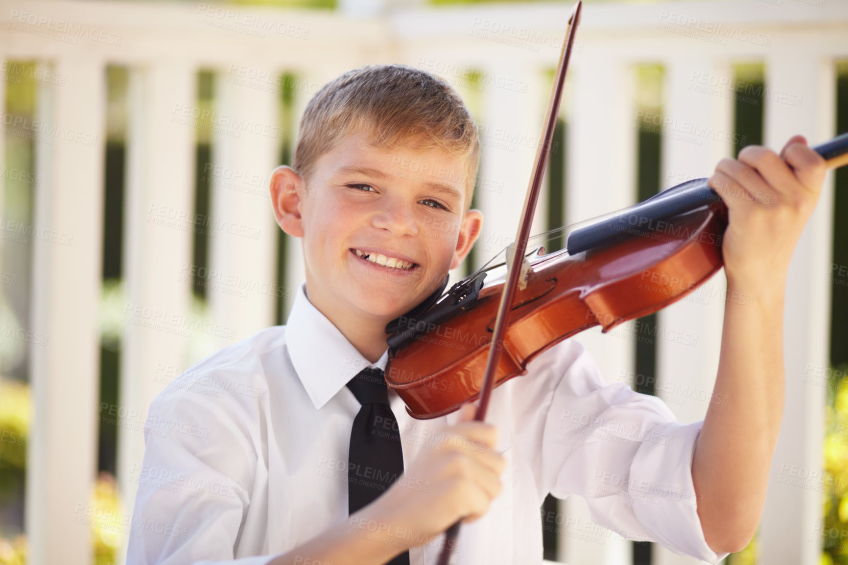 Buy stock photo Art, learning and child with violin in garden with creative show, playing audio and musician with sound. Music, string instrument and violinist, portrait of boy in performance and talent for children