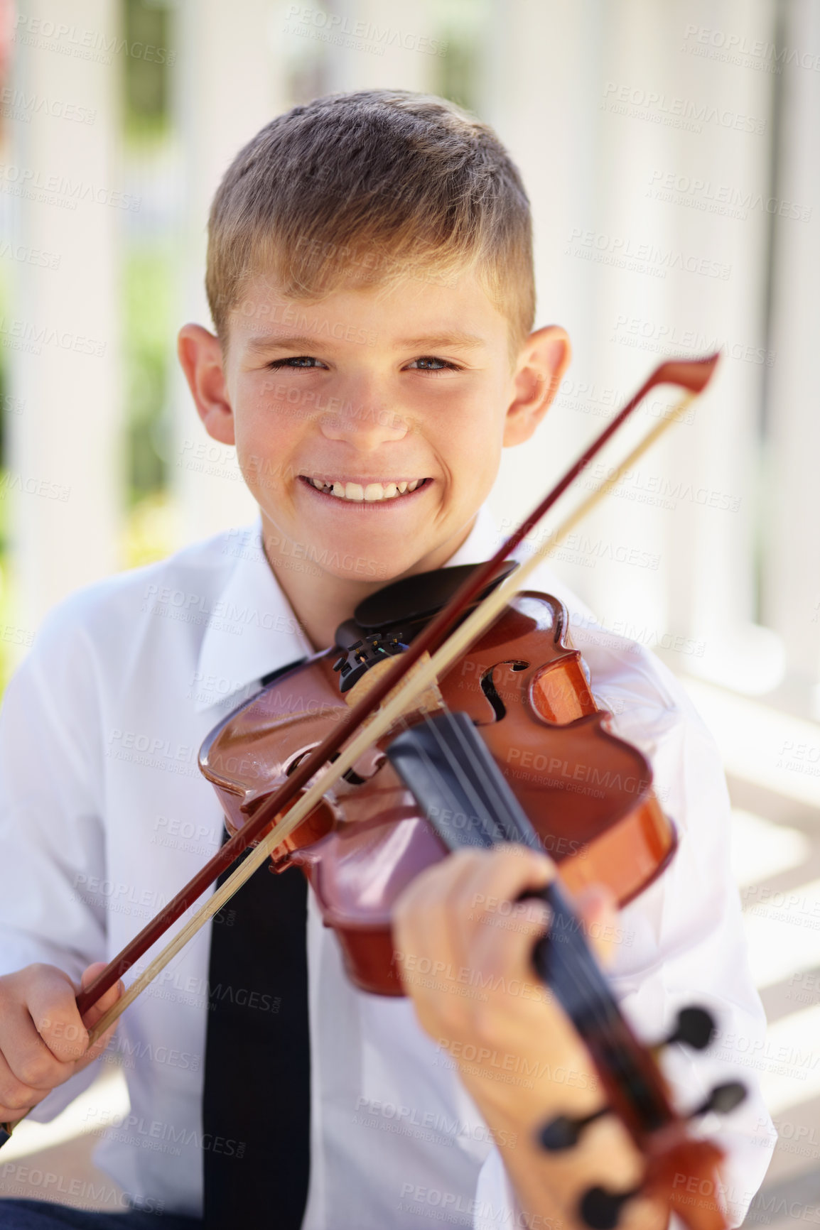 Buy stock photo Musician, portrait and child with violin outside for creative sound, playing audio or young artist with smile. Music, string instrument and violinist, boy in performance or talent show for children.