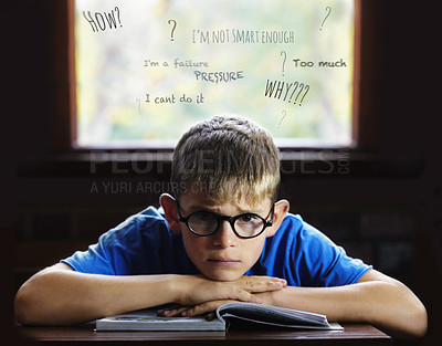 Buy stock photo Young boy feeling overcome with boredom in the classroom