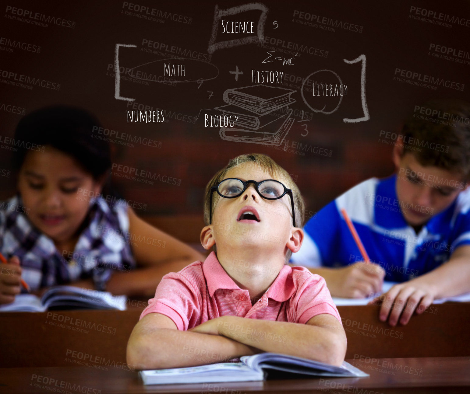 Buy stock photo Young boy feeling overcome with boredom in the classroom