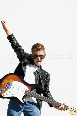 Buy stock photo Art, rocker and child with guitar in performance for creative sound, playing audio and cool young metal musician with sunglasses. Rock music, excited boy in talent show for children and mockup space.