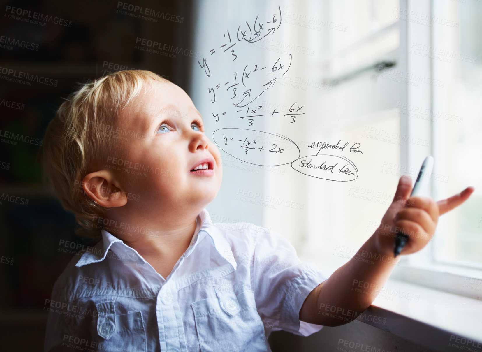 Buy stock photo Baby genius working out algebraic equations in his head