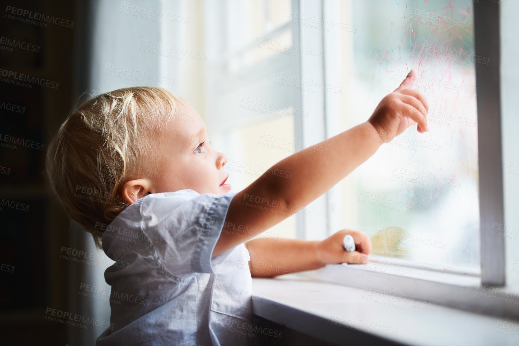 Buy stock photo Math, learning and baby with equation on window for child development, education and solution. Childhood, mathematics and young kid with sum on glass for problem solving, genius and thinking in home