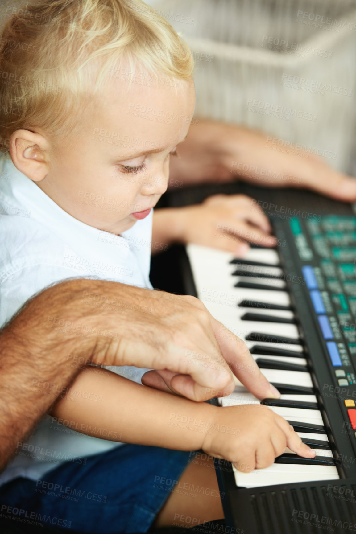 Buy stock photo Piano, learning and parent teaching baby for learning, music education and child development. Childhood, musician family and young kid with keyboard for musical notes, creative fun and activity