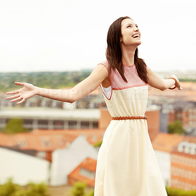 Buy stock photo Woman, arms spread and happy by city, adventure and freedom on trip to Croatia, cityscape and sky. Female person, vacation and smiling or positive for getaway, energy and relaxing on holiday travel