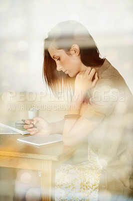 Buy stock photo Woman, thinking and writing in journal by desk, coffee shop and creative inspiration in gen z style. Young, student and mindfulness by notebook with pen, planning and textbook with brainstorming 

