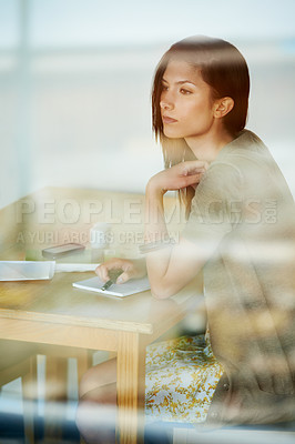 Buy stock photo Young, woman and thinking by journal on desk, coffee shop and creative inspiration in gen z style. Student, mindset and learning with notebook by pen, mindfulness  and window with brainstorming


