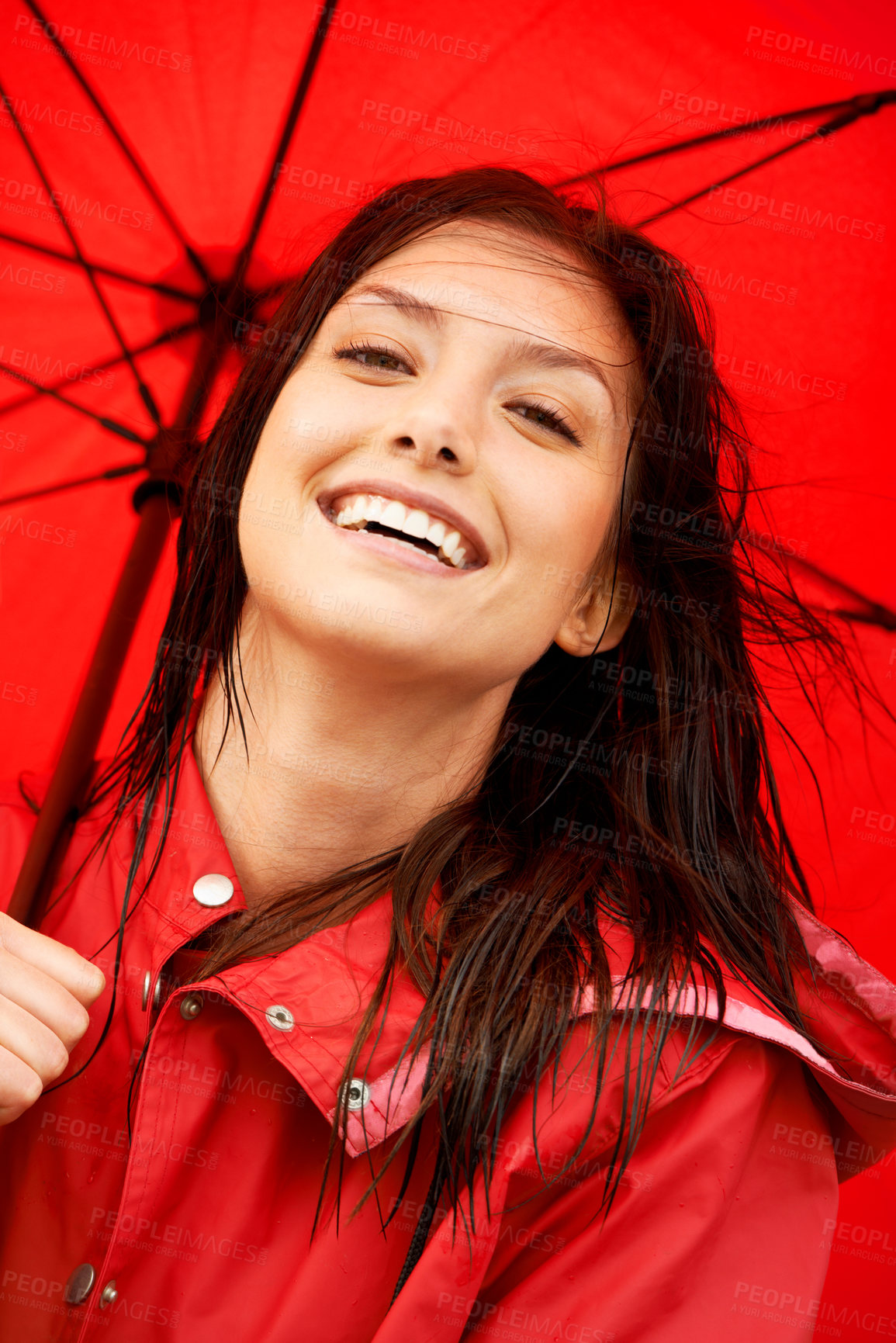 Buy stock photo Woman, smile and happy with umbrella in closeup, positive and ready for weather, storm and cold. Insurance, red raincoat and portrait or face, prepare and fashion or color, zoom and casual style