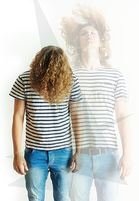 Buy stock photo Fashion, double exposure or man with long hair with jeans, hipster clothes, punk style in studio. Creative overlay, edgy aesthetic or young male person with cool or stylish shirt on white background