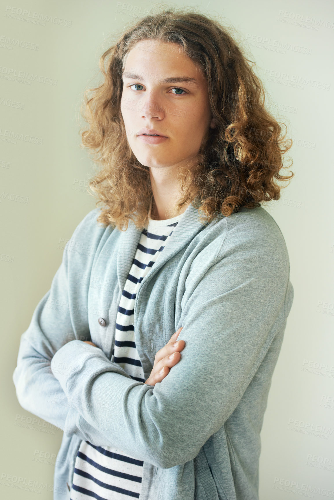 Buy stock photo Casual young man with long, curly hair