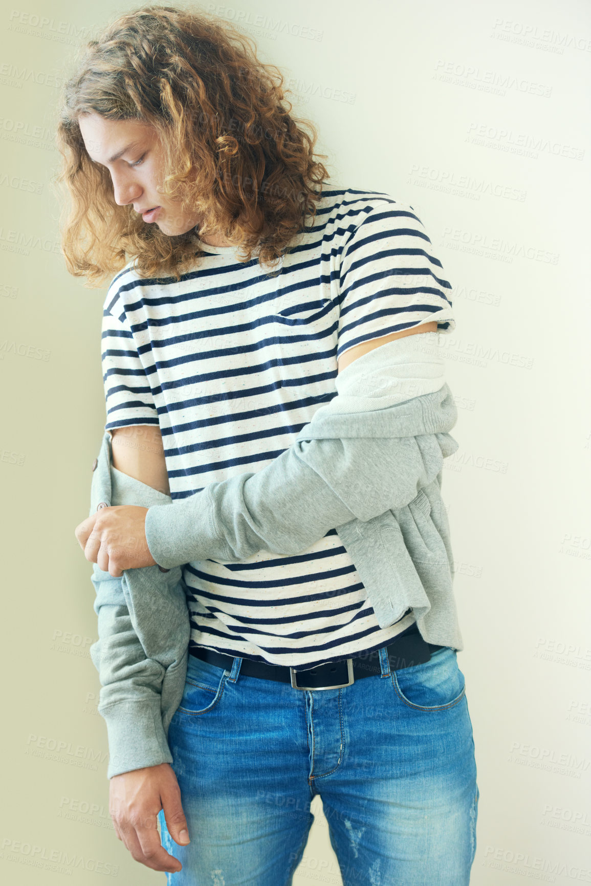 Buy stock photo Casual young man with long, curly hair