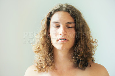Buy stock photo Man, face and breathing in meditation with peace, zen and spiritual exercise to relax. Calm, person and thinking in holistic, yoga and healthy practice for mental health and white background