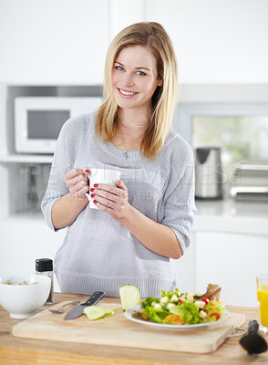 Buy stock photo Kitchen, health and portrait of woman with salad for healthy eating, meal and lunch at home. Food, nutrition and happy female person smile with hot drink and vegetables for diet, weightloss and detox