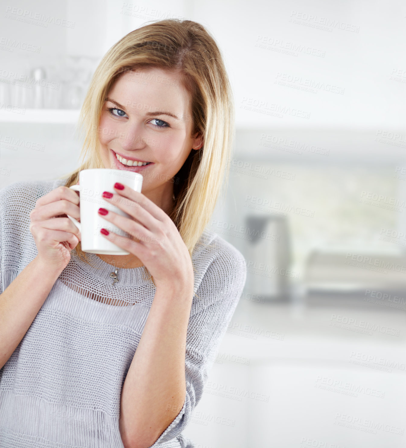 Buy stock photo Relax, smile and portrait of woman with coffee in a kitchen, calm and content in her home. Happy, face and female drinking tea in her apartment, peaceful and confident with a comforting morning drink
