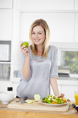 Buy stock photo Kitchen, apple and portrait of woman with salad for healthy eating, meal and lunch at home. Food, nutrition and happy female person smile with fruit and vegetables for vegan diet, wellness and detox