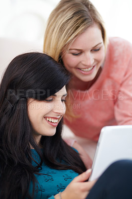 Buy stock photo Tablet, friends and happy women online for social media, networking and browse website for shopping. Communication, technology and female people laugh on digital tech at meme, internet joke and app