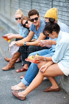 Buy stock photo Street, friends and people with animal mask for fashion party, bonding and talking. Group, sunglasses and dress up in city, stylish men and women or hipsters sitting outdoor together for Halloween