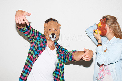 Buy stock photo Animal, mask and portrait of people on Halloween in costume or cosplay in white background. Funny, lion and bear masks for creative masquerade on holiday, event or party with friends together