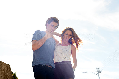 Buy stock photo Travel, freedom and portrait of couple outdoor relax, bond and smoking a cigarette on sky background. Summer, break and people with love, chilling and enjoying holiday, vacation or weekend together