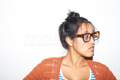 Buy stock photo Face, vision and glasses with the attitude of a woman in studio isolated on a white background for style. Fashion, thinking and eyewear with a confident young person on space in a trendy outfit 
