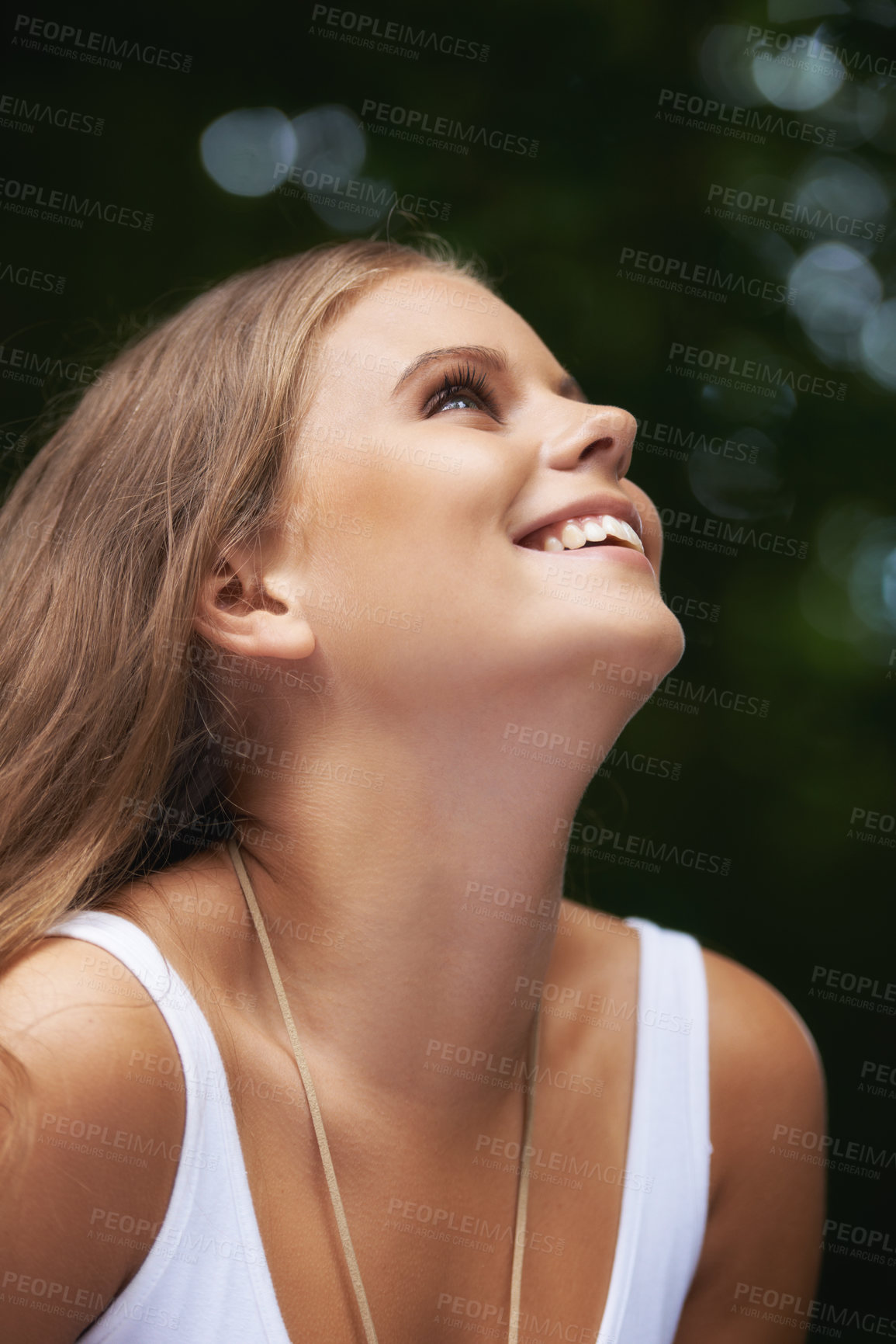 Buy stock photo Woman, smile and profile in nature for happiness, healing and freedom in outdoors, hope and relax. Profile, female person and thinking on future, growth and peace on adventure, travel and vacation