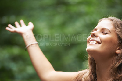 Buy stock photo Smile, freedom and a woman arms raised in a forest for mental health, wellness or zen meditation. Summer, nature and a happy young person in the countryside to relax for peace, balance or mindfulness