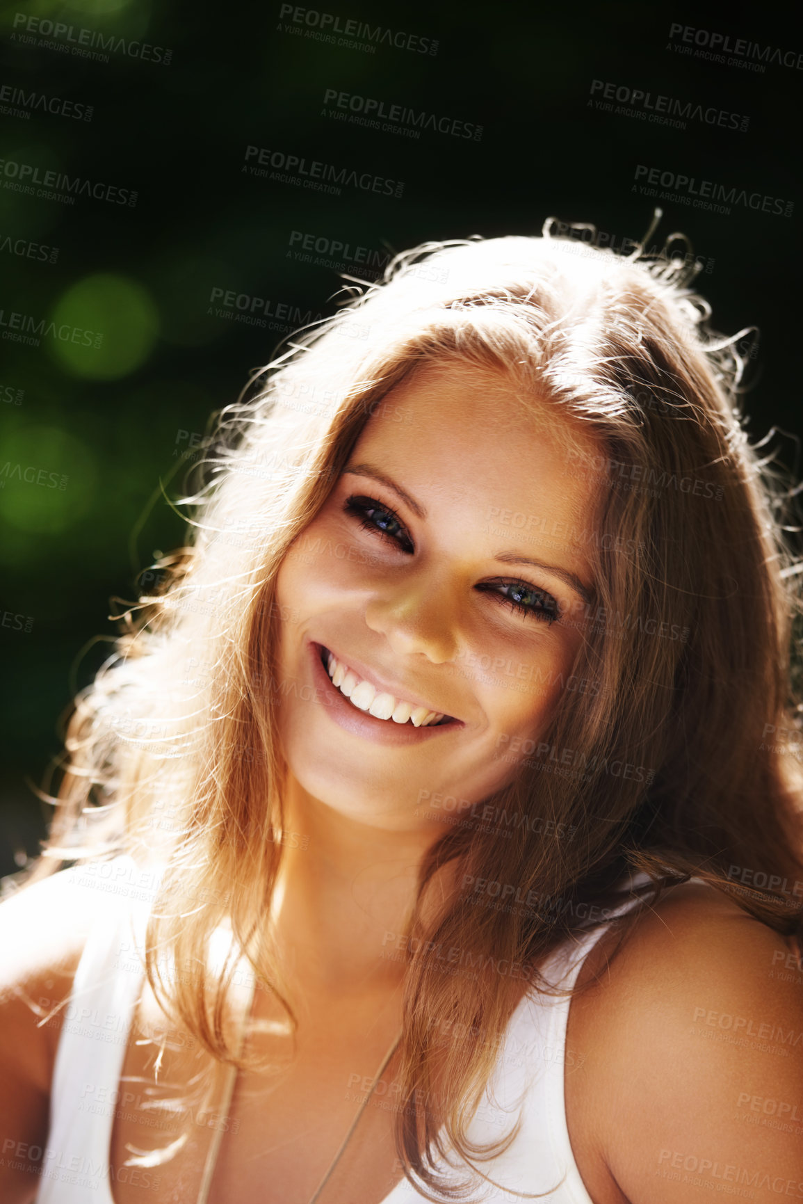 Buy stock photo Portrait of a beautiful young woman in a green forest