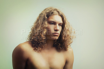 Buy stock photo A handsome young shirtless man with long blonde hair