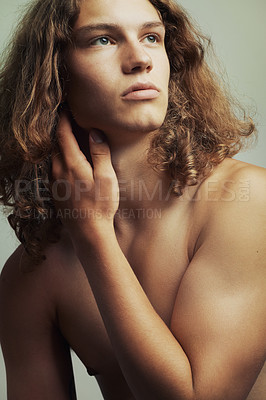 Buy stock photo A handsome young shirtless man with long blonde hair