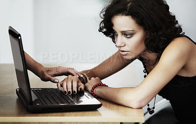 Buy stock photo Cyber bullying, laptop and mental health with woman and hand reaching for depression, stress and social media stalker. Fear, danger and sad with female reading online for problem, scared and harass