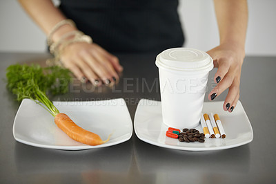 Buy stock photo Woman, healthy plate choice and unhealthy nutrition of coffee cup, cigarettes and pills. Anorexia, eating problem and person diet of caffeine, drugs and smoking or fresh organic carrot decision
