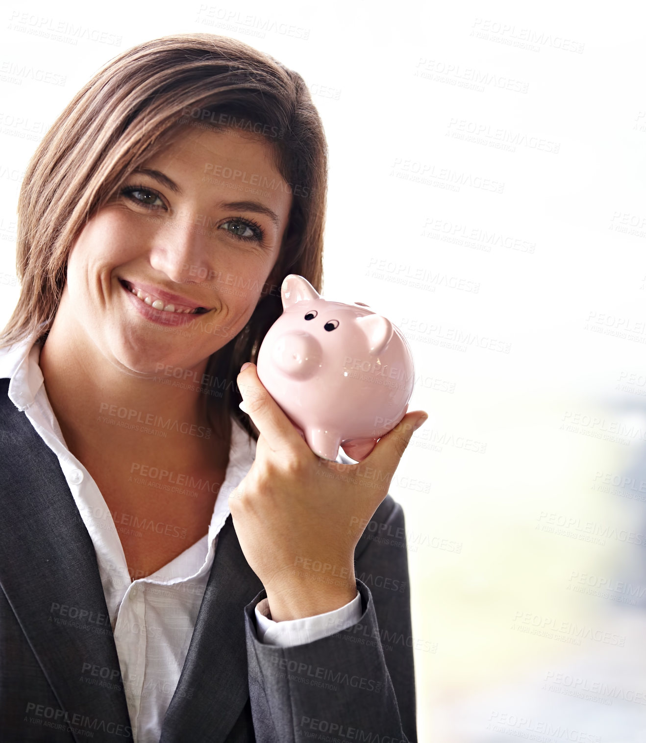 Buy stock photo Business woman, piggybank and portrait with smile for savings, money planning and personal finance goal. Female financial advisor, happiness and small start for banking, investment or building wealth