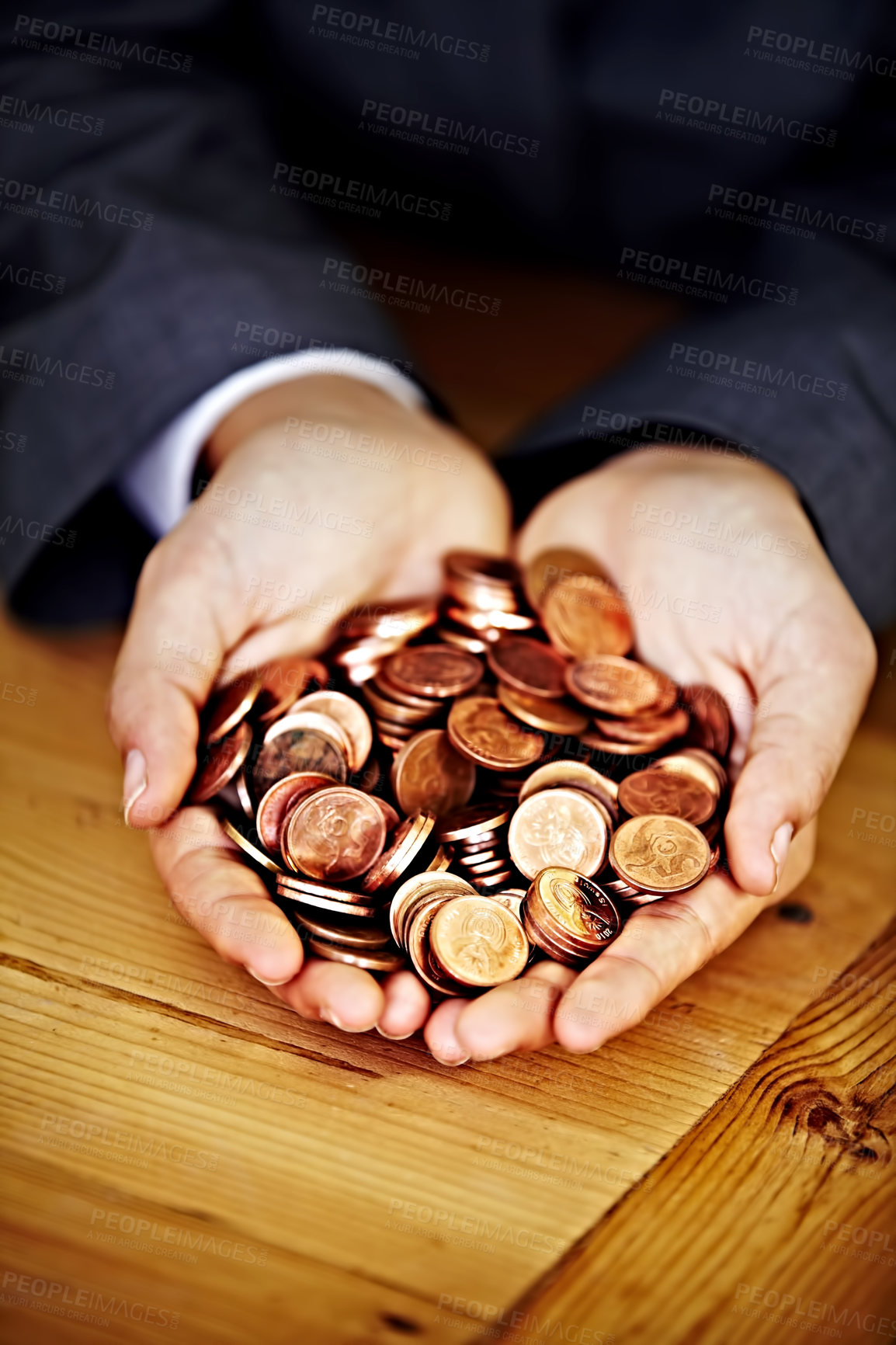 Buy stock photo Cupped hands, coins and saving money for investing, planning and personal finance goal in office. Financial advisor, holding cash or currency for banking, investment or building wealth at workplace