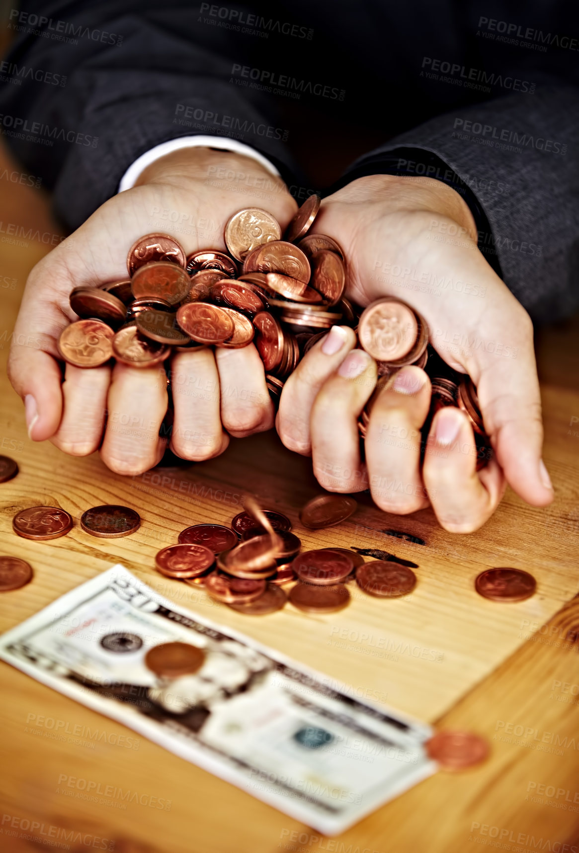 Buy stock photo Cupped hands, coins and saving cash for investing, planning and personal finance goal in office. Financial advisor, holding money or currency for banking, investment or building wealth at workplace