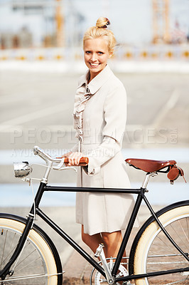 Buy stock photo Businesswoman, portrait or bicycle in city travel for work commute, sustainable transport or health. Female person, face or smile or vintage bike on street sidewalk for job, eco friendly in Amsterdam