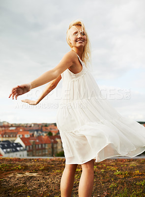 Buy stock photo Woman, happy and dancing on holiday, summer and outdoor for vacation, smiling and city. Freedom, dancer and urban area for break, getaway and carefree on trip, countryside and amsterdam spring time