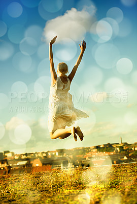 Buy stock photo Woman, jumping and freedom with back, vacation, and outdoor for holiday, bokeh and city. Confident, energy and urban area for break, getaway and carefree with sky, barefoot and amsterdam spring time
