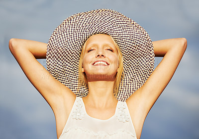 Buy stock photo Woman, sun hat or summer blue sky for vacation holiday bliss, tropical island or smile travel. Female person, beach cap or arms up for outdoor happy or relax rest trip, satisfaction or warm weather