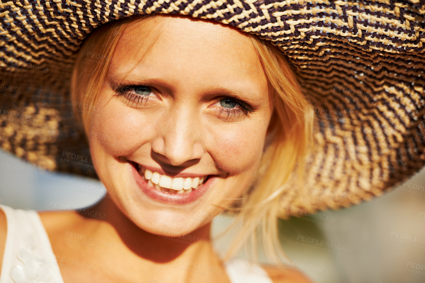 Buy stock photo Portrait, smile and summer with a woman in a straw hat closeup outdoor as a tourist for travel or sunshine. Face, vacation or holiday and a happy young person outside to relax on an adventure