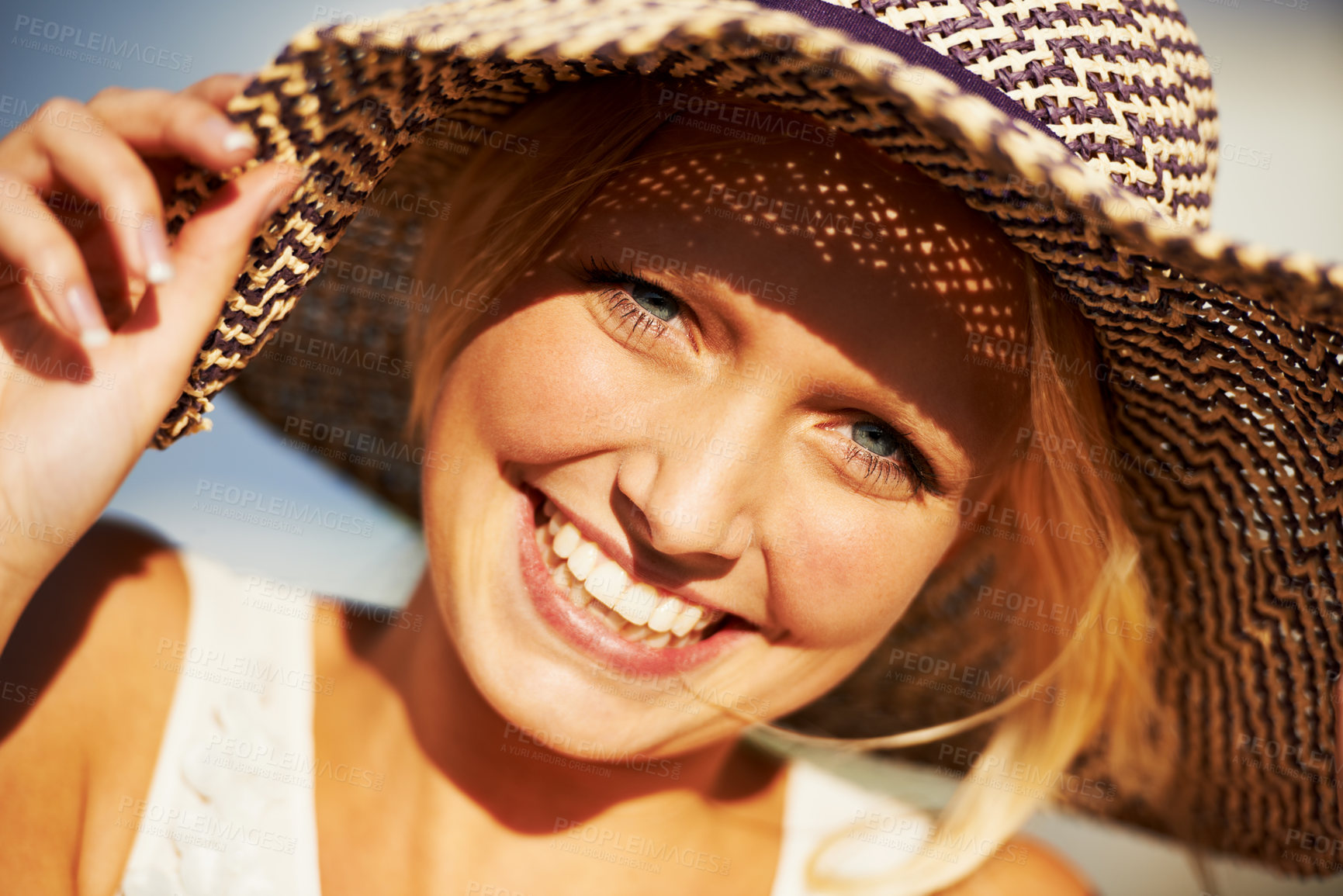 Buy stock photo Portrait, smile and summer with a woman closeup outdoor on holiday or vacation for travel and freedom. Face, freedom and straw hat with a happy young tourist outside in the sun to relax on a getaway