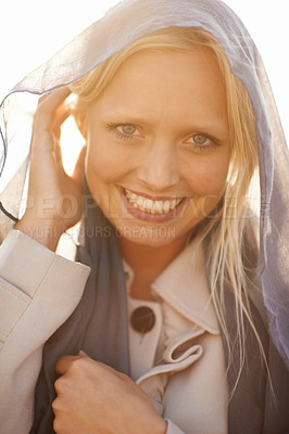 Buy stock photo Portrait, smile and wind with a woman in summer, outdoor for freedom, travel or adventure during the day. Face, happy and a young person closeup in nature for holiday or vacation as a tourist