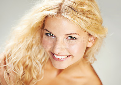 Buy stock photo Portrait, smile and natural beauty of blonde woman in studio isolated on a white background. Face, happy model and skincare of girl in spa facial treatment for wellness, cosmetics and dermatology