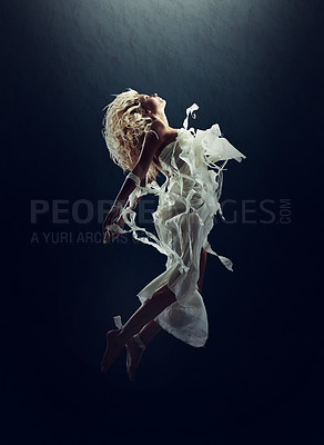 Buy stock photo Art, dance and a ballet woman floating underwater for creative expression or theater performance. Freedom, energy and stage with a young person training for a show or rehearsal on a black background