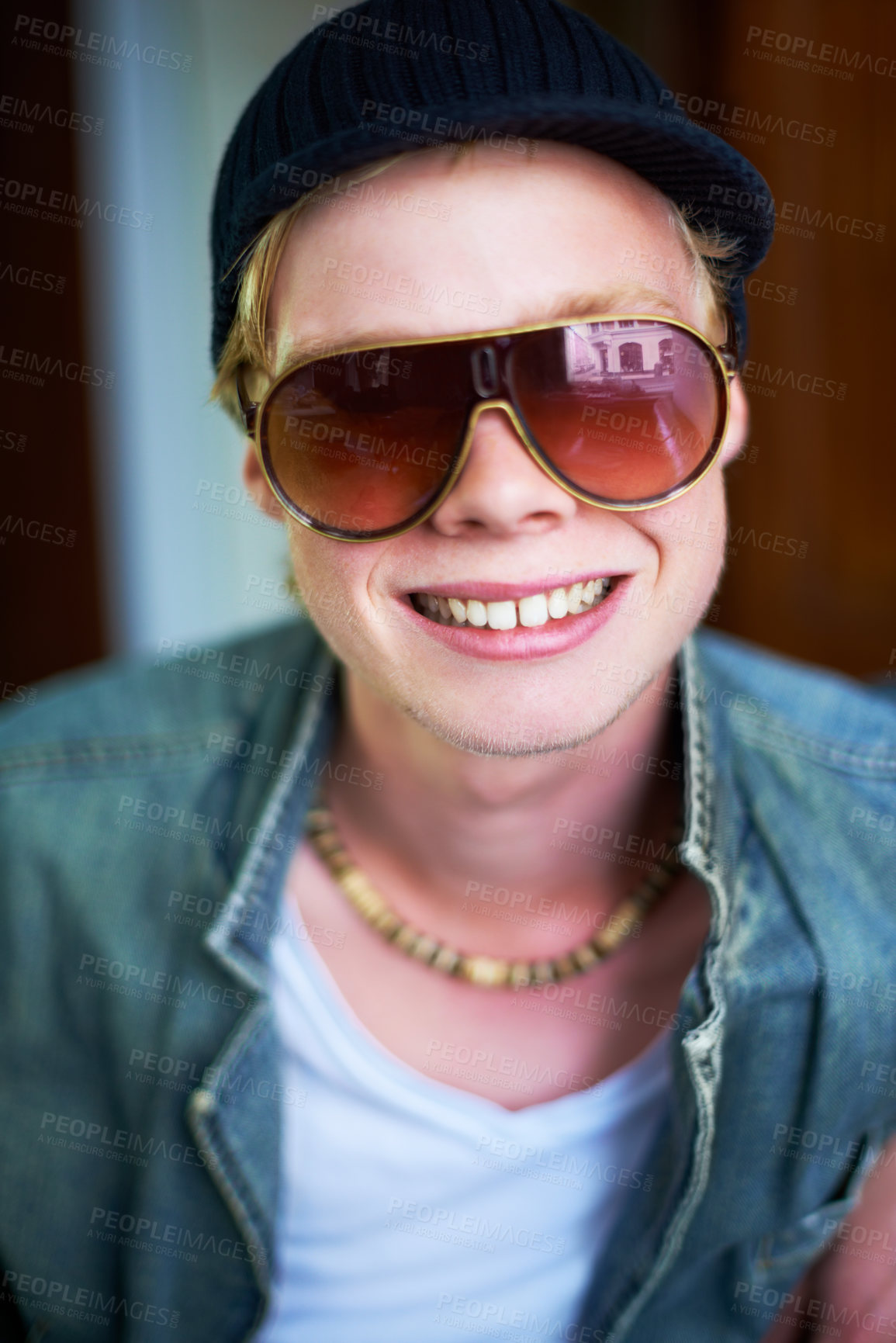 Buy stock photo Smile, cool and portrait of a man with sunglasses for fashion, streetwear and a teen trend. Happy, young and face or a person with trendy, stylish or fashionable eyewear, funky cap or shades