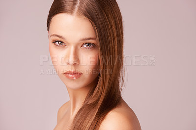 Buy stock photo Woman, portrait and beauty or skincare in studio, makeup and cosmetics by pink background. Female person, mockup and brunette or natural, care and organic in facial treatment, space and aesthetic