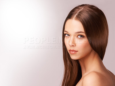 Buy stock photo Woman, portrait and beauty or wellness in studio, makeup and skincare by pink background. Female person, mockup and brunette or natural, care and organic in facial treatment, space and aesthetic
