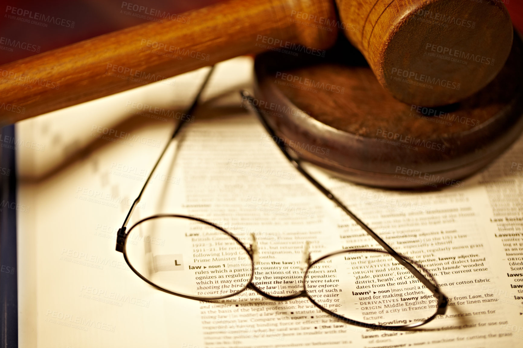 Buy stock photo Table, law and a report, glasses and gavel for a court decision, notes or a justice report. Closeup, desk and paperwork or a dictionary for legal knowledge, courtroom words or a crime defense