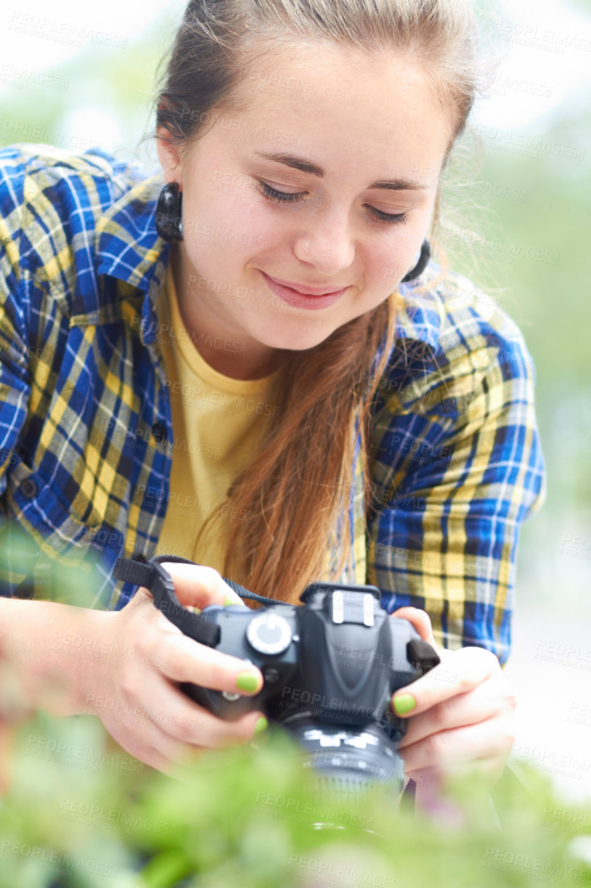 Buy stock photo Woman, camera and photography in nature for plant, leaves and growth in garden, park and summer sunshine. Girl, photographer and travel in countryside with focus, memory and outdoor with plants