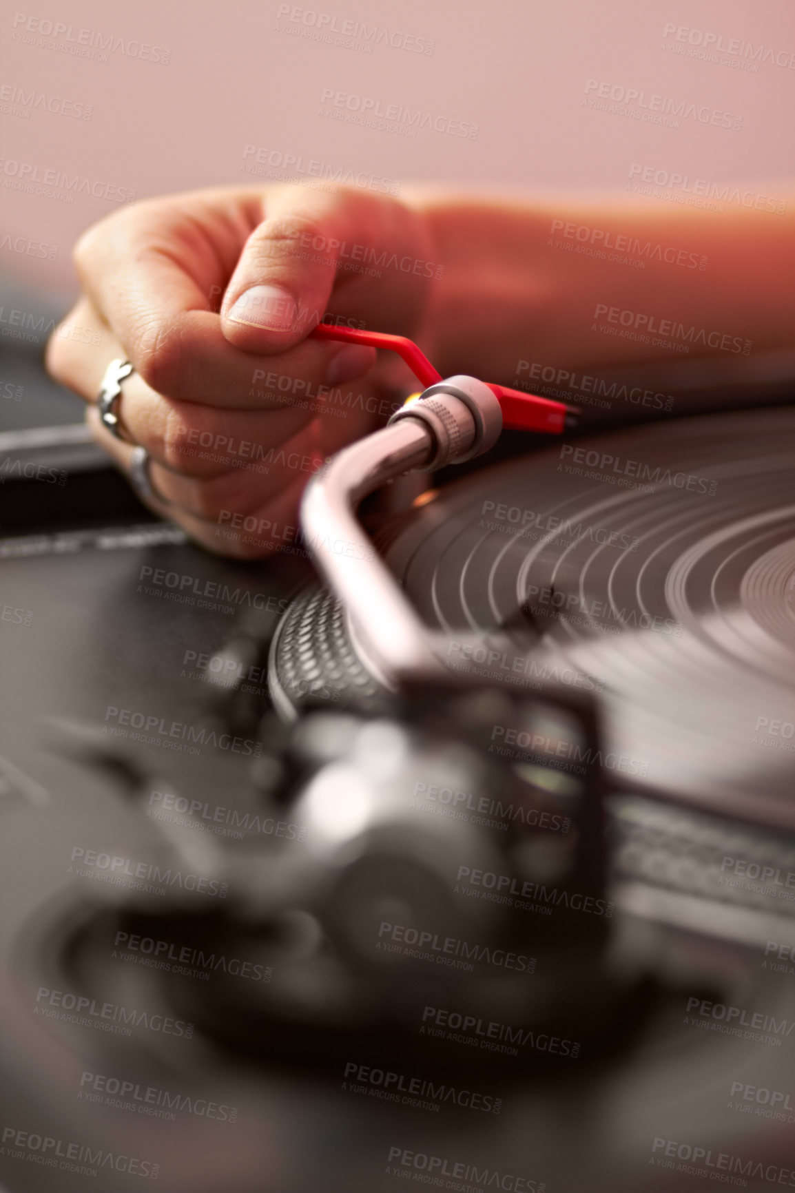 Buy stock photo Closeup, dj hand and vintage turntable with vinyl, music system and needle for sound job, party or audio gear. Person, retro record player and disc for scratch, spinning and listening in club in zoom