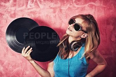 Buy stock photo DJ woman, mixer and sunglasses with vinyl records, vision and thinking for career at club, studio or party. Girl, music and party with ideas, headphones and mindset for event, celebration and job